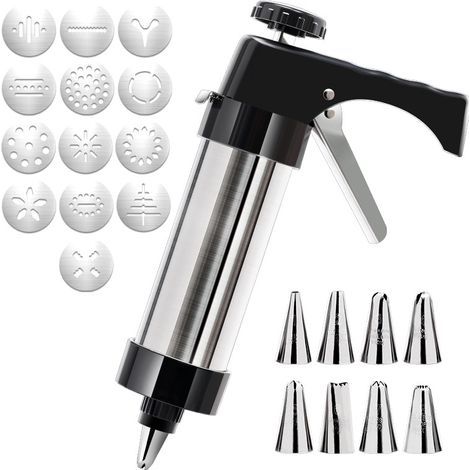 Professional stainless steel pastry injector and cutter, equipped with 13 cookie molds and 8 nozzles.