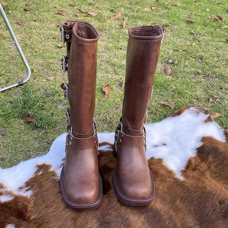 Bottes moto femme zip hauteur genou, bout rond, talon bloc bas, boucles, cuir, noir, taille 36-41 (1/3)