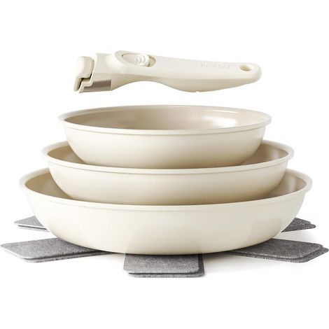 Ceramic Frying Pan Set Non-Stick 7.9/9.4/11 cm - Induction Frying Pan Set, PTFE and PFOA Free, Removable Handle, Space Saving, Dishwasher Safe (Beige) (1/5)