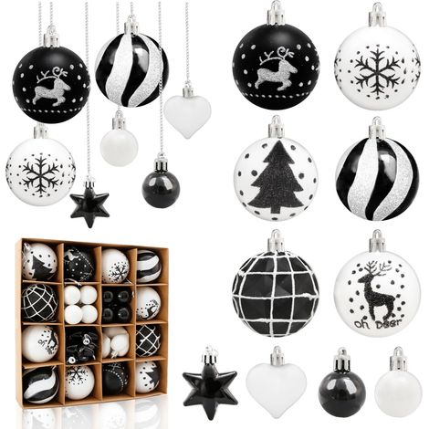 38 Pièces Boule de Noel Noir et Blanc, 6CM/3CM Boules de Noël en Plastique avec Ornements Suspendus Incassables Boules de Noël Décorations de Sapin Intérieure et ExtérieureNoir et Blanc-38 (1/5)