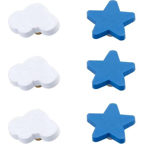Lot de 6 boutons de tiroir en caoutchouc souple, forme étoile et nuage, pour enfants.