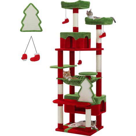 Grand arbre et tour pour chats d'intérieur, avec postes à gratter recouvertes de Sisal, hamac spacieux, perchoirs rembourrés et condos, jouets pour chats-184cm-Rouge (1/4)