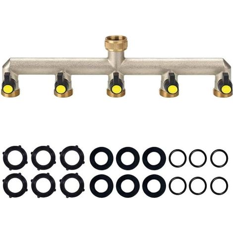 Faucet Splitter avec 5 Voies Raccord Tuyau d'arrosage,3/4" Laiton Adaptateur Tuyau Faucet pour Exterieur Jardin Arrosage Raccord Embout Robinet Connecteur Multi - Robinet Avec 5 Vannes On/Off (1/5)