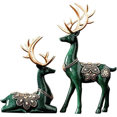 Statuen für die Inneneinrichtung, Figuren, Skulpturen, modern, 11,4 große Hirschdekorationen, Mitteltisch, Wohnzimmer, Harz, 2 Stück, große Regalakzente, Bücherregal, Kaminartikel, weihnachtliches grü (1/4)