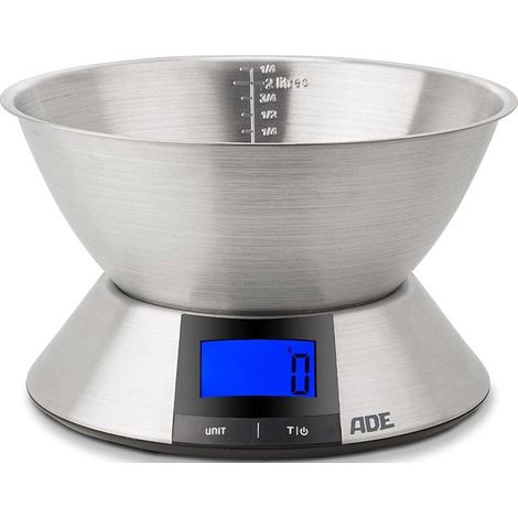 ADE Hanna Küchenwaage mit Schüssel, bis 5 kg, 2,25 l, Durchmesser 24 x 15,5 cm, gebürsteter Edelstahl (1/5)