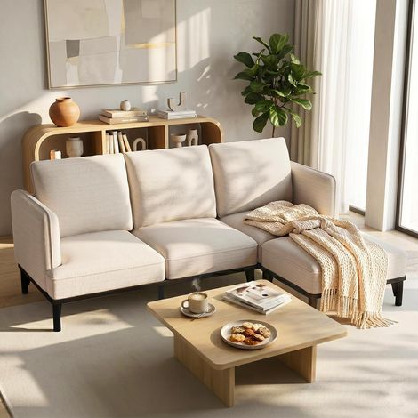 YODOLLA L-Shaped 3-Seater Sofa 191cm Fabric Sofa Modular Corner Sectional Couch with Chaise Ottoman (1/5)