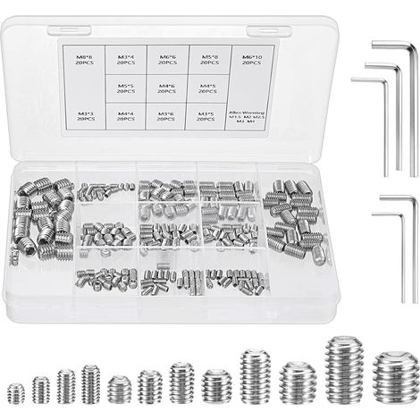 240 pièces vis sans tête M3/M4/M5/M6/M8, vis poignée de porte, matériau en acier inoxydable, utilisé pour fixer des pièces mécaniques,avec 5 clés hexagonales (1/5)