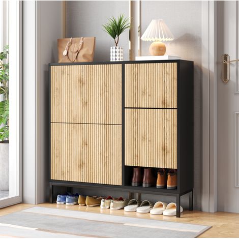 Schuhschrank 100x100x25 cm Schwarz und Naturholz aus MDF mit Schuhbank und offener Ablage (1/5)