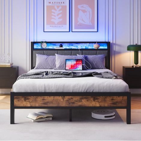Lit Double 140 x 200 cm Cadre de Lit éclairage LED tête de lit station de charge USB plateforme en métal renforcé sans bruit (1/5)