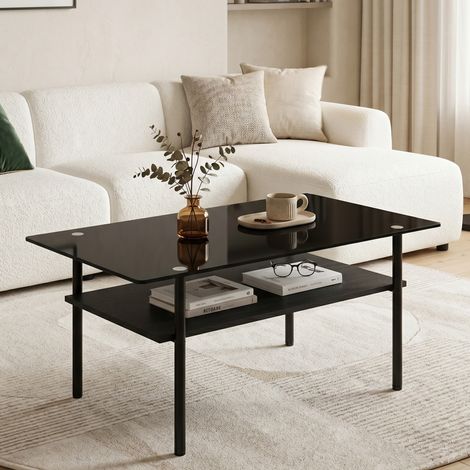 Tavolino da caffè rettangolare nero in vetro e MDF, 98 x 58 x 45 cm HAVRYA (1/5)