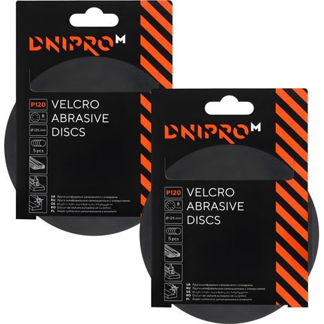 Dischi abrasivi Dnipro-M P120, 125 mm, 8 fori, per levigatrice eccentrica, confezione da 10 (1/3)