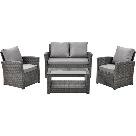 Svita – Ensemble salon de jardin en poly rotin gris – 1 table avec plateau en verre 86x53x42cm – 2 fauteuils et 1 canapé 2 places – Coussins amovibles (1/5)
