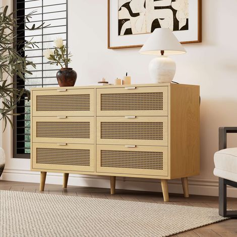 Commode 6 tiroirs effet bois 120x40x76,5 cm, meuble de rangement avec poignées métal, pieds en bois massif, buffet bas pour chambre, salon ou bureau (1/5)