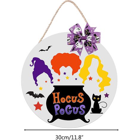Panneau suspendu en bois décoratif Halloween sorcière chat pour porte d'entrée mur extérieur maison 30 cm (1/2)