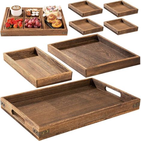 7-teiliges Serviertablett-Set aus Paulownia-Holz mit Griffen, rechteckiges Tablett für Geschirr, Getränke, Frühstück, Party-Serviertablett (1/4)