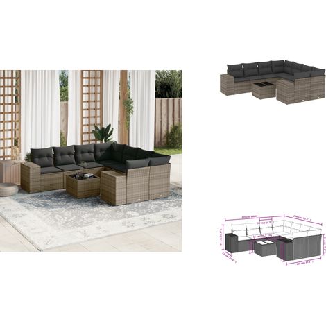 9-tlg. Garten-Sofagarnitur mit Kissen Grau Poly Rattan - Gartenmöbel Set - PE-Rattan Möbel - Outdoor Lounge - Esstisch - Sofasatz (1/3)