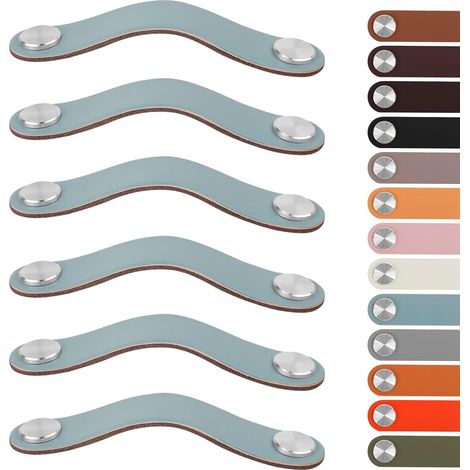 Lot de 6 Poignée Cuir, Espacement 160mm, Simili Cuir PU, Argent Bleu, Pour Meuble Cuisine Salle De Bain (1/5)