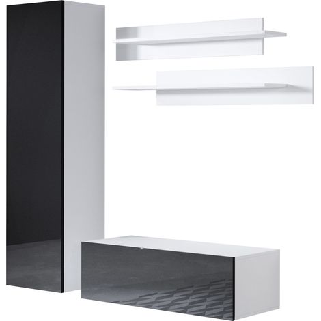 Mobile da Soggiorno  Mobile TV Parete  Composizione Set Salotto  160cm  Modello Luke 1C  Bianco e Nero Finitura Lucida