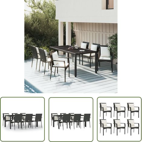 The Living Store 7-tlg. Garten-Essgruppe mit Kissen Schwarz Poly Rattan - Gartensessel - Gartentisch - Gartenmöbeln - Outdoor Möbel - Balkonmöbel (1/5)