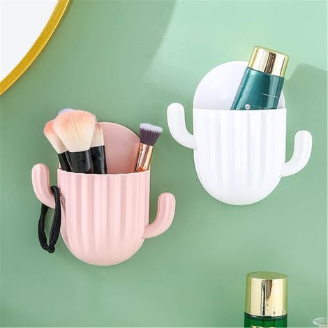Wandmontiertes Badezimmer-Aufbewahrungsregal, Kaktus-Kosmetik, stanzfrei, 5 weiße, 5 rosa Abflussregal, Badezimmer-Accessoires