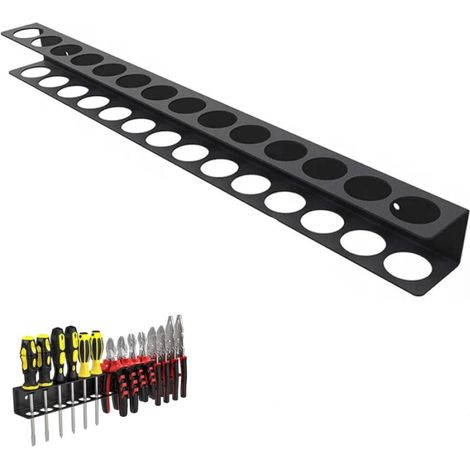 (Avec Vis et Tube D'expansion) Porte Outils Mural avec 14 Trous, Support Tournevis Noir, Acier au Carbone Rangement Outils Mural, pour Tournevis, Clés, Marteaux