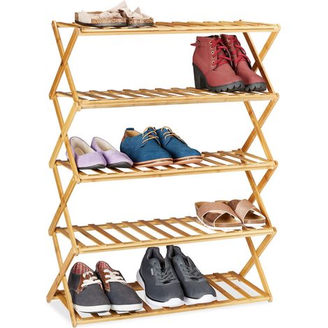Relaxdays faltbares Schuhregal, 5 Ebenen, 15 Paar Schuhe, Zuhause & Camping, Bambus Schuhständer, HBT 89x65x26 cm, natur