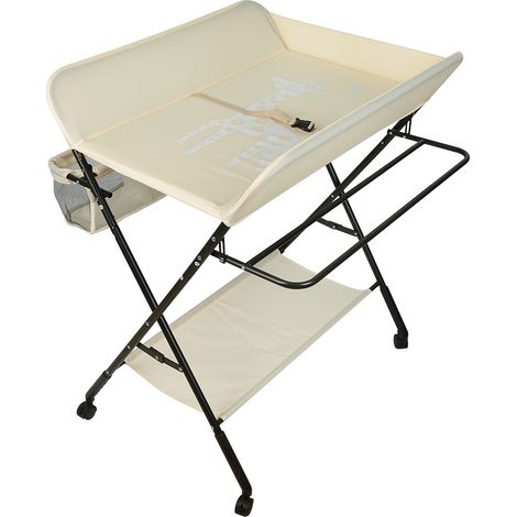 Fasciatoio con Vaschetta per Bagnetto Neonato 2in1,Pieghevole e Compatto, con Materassino Imbottito Incluso,Haloyo®,4 Ruote,80 x 66 x 98cm,color crema (1/5)