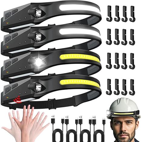 Lampe Frontale Rechargeable - 230° - Capteur De Mouvement - USB-C - Etanche IPX6 - 5 Modes - Compatible Casque - Lot De 4 (1/3)