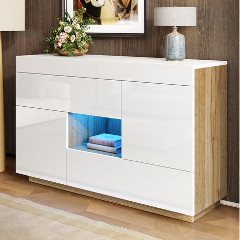 Buffet brillant blanc 120 x 76,5 x 37 cm avec LED multicolore, 2 tiroirs, 2 portes et niche HAVRYA (1/5)