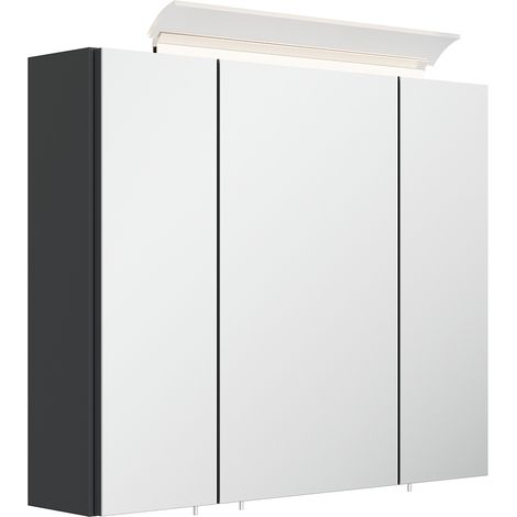 Spiegelschrank 75cm, 3-türig, grau mit LED-Aufsatzleuchte BATLEY-02