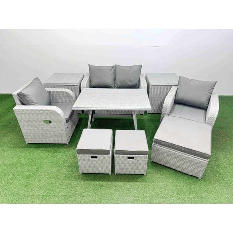 Fimous Light Grey PE Wicker Rattan Garden Furniture Set Sofa Set Reclining Chair Love Sofa Rectangular Dining Table 3 Stools 2 Side Tables (1/4)