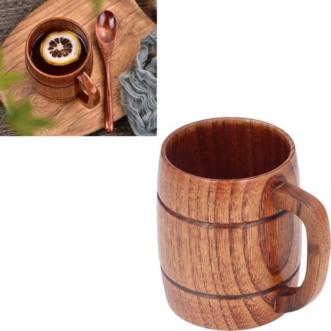Chope à bière en bois avec anse, tasse à thé anti-brûlure en bois de jujubier, chope portable, chope tendance en bois massif, 300 ml (1/5)