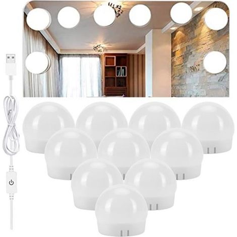 10 ampoules LED pour miroir, lumière tricolore réglable, lampe de maquillage USB sans perçage, salle de bain et coiffeuse