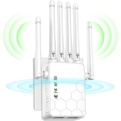 Amplificateur de signal Wi-Fi, répéteur de signal Internet, répéteur Wi-Fi longue portée, 6 antennes, couverture complète à 360°, blanc