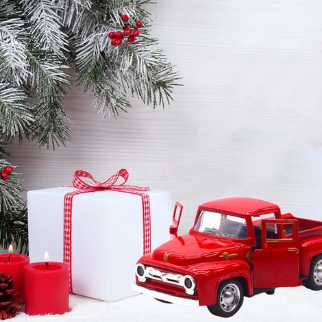 Camionnette rouge vintage décorative, modèle réduit de camionnette en métal rouge à l'échelle 1:32, décorations de Noël pour bureau et étagère. (1/5)