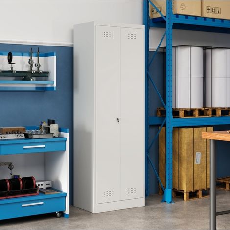 Armoire haute en acier pour garage, portes, étagères réglables, tringle, crème blanc (1/5)