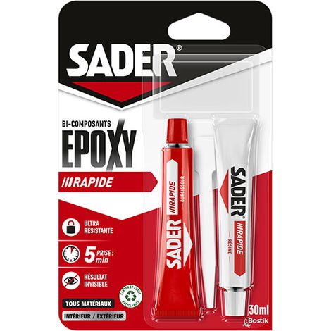 Colle époxy rapide 2 tubes 15 ml – Prise en 5 minutes – Ultra-résistante sur bois, métal, verre, béton – Résiste de -30°C à 70°C – Sader (1/6)