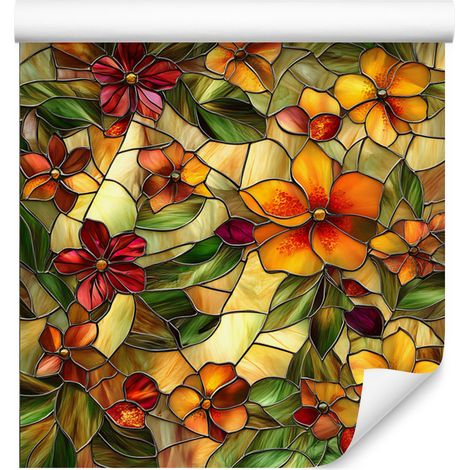 Papier peint à motifs floraux en vitrail jaune, or et ocre pour salon et chambre 50x1000 (1/5)