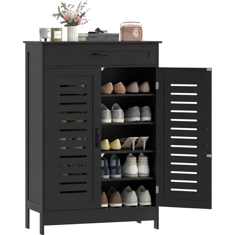 HOMCOM Modern Shoe Storage Cabinet with Louvered Doors and Drawer, Black