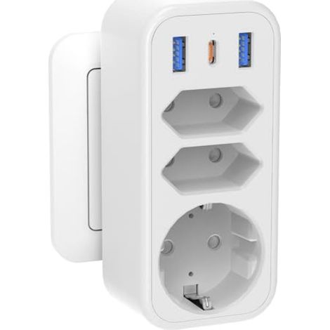Adaptateur Multiprise 6-en-1 - Prise Schuko + 2 Prises Euro + 1 USB-C PD 20 W + 2 USB-A - 4000 W 250 V 16 A - Pour Bureau Salon Voyage - 1 Pièce (1/5)