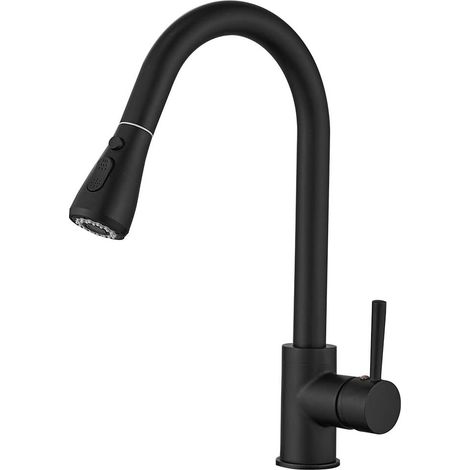 Robinet mitigeur d'évier de cuisine avec bec extractible, noir mat, robinet de cuisine monocommande à arc élevé, robinet de cuisine en laiton massif avec raccords aux normes britanniques