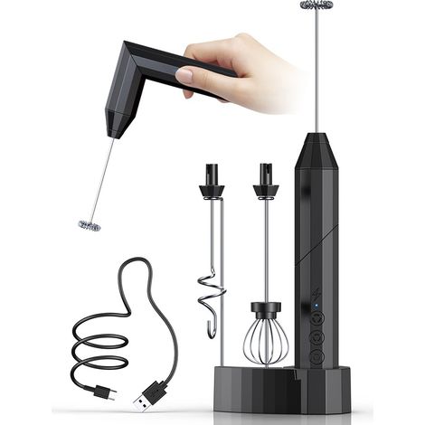Mousseur à lait électrique, fouet en acier inoxydable avec 3 têtes interchangeables - Noir[NX] (1/5)