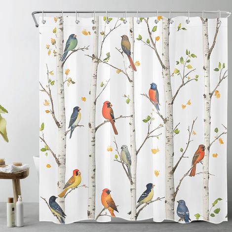 Oiseau Rideaux de Douche 180x200cm Bouleau Blanc Rideaux de Bain avec Crochets,Moderne Extra Longue Imperméable Polyester Anti Moule Salle de Bain Décor (1/5)