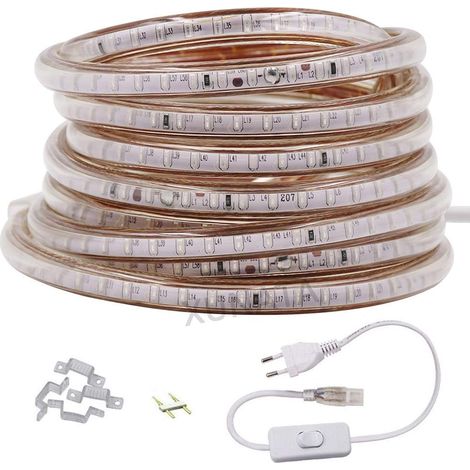Ruban Led, 220V-240V Bande LED Avec Interrupteur,3014 120leds/m IP65 étanche Strip Led, Blanc Flexible Bande lumière Pour Décoration Hôtel Mariage Fête (Blanc,10M) (1/5)