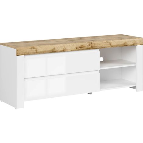 Meuble TV avec 2 tiroirs,coloris Blanc/Chêne wotan - Longueur 156 x Profondeur 42 x Hauteur 60,5 cm (1/5)