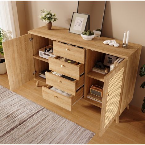 Credenza 140x40x86 cm rovere chiaro in legno con 4 cassetti, 2 ante, ripiani regolabili e dettagli effetto rattan (1/5)