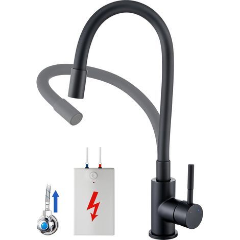 Flexible 3-Wege-Küchenarmatur für Niederdruck, 3-Port-Küchenarmatur für Niederdruck, 360° drehbarer Küchenmischer für Boiler und Spüle mit hohem Auslauf, Schwarz (1/5)