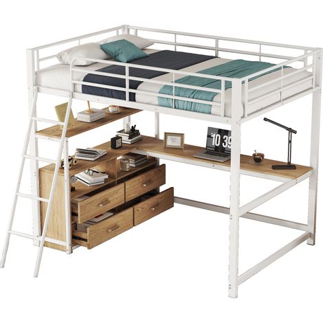 Letto a soppalco 140x200 cm con scrivania angolare a L, 4 cassetti e struttura in metallo e MDF, bianco, per studio e camera ragazzi CHICFURN (1/5)
