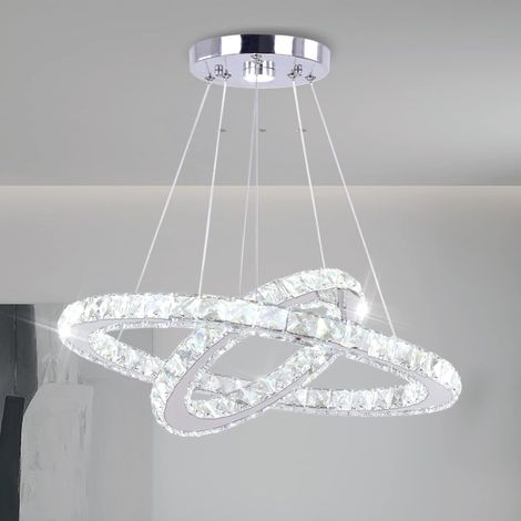 Lustre LED moderne en cristal – Suspension 2 anneaux réglables 30/50 cm en acier inoxydable, plafonnier design élégant pour salon, salle à manger, chambre, blanc froid (1/5)