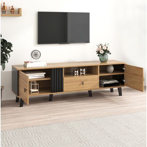 Mobile TV 170x40x50,5 cm in pannelli di legno nero e legno con contenitore FloraGrace (1/5)